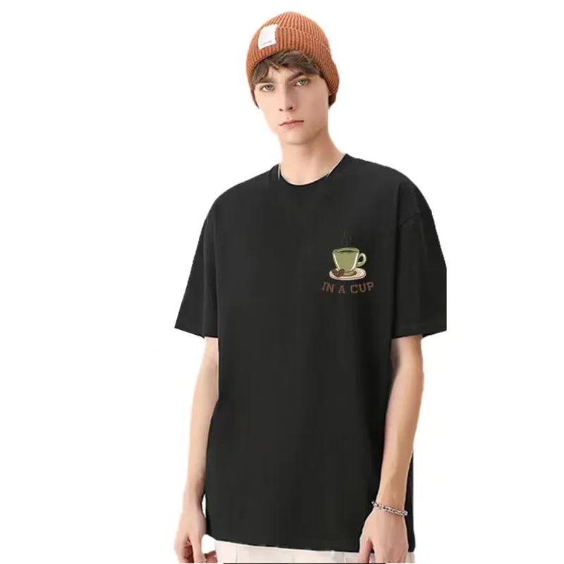 Men's summer short-sleeved 220g weight tea cup pattern pure cotton 100% pure cotton casual loose T-shirt