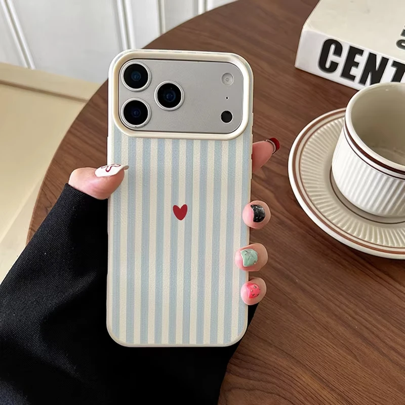 Coque de téléphone à rayures bleues et petit cœur rouge pour Xiaomi Redmi Note 15 14 13 12 11 Pro Plus 4G 5G 10 9 8 15C 14C 13 12C 10C