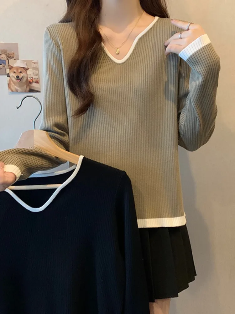

Slimming V-Ne Long Sve Knitwear Korean Sle Loose Women's Faionable Sweater Autumn Winter plus Size Casual Color