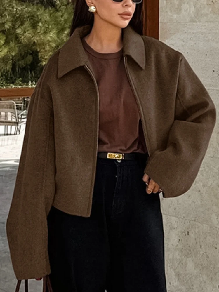Women's Woolen Zipper Jacket Elegant Lapel Long Sleeve Blazer Thick Warm Short Coats Vintage Autumn Winter Streetwear Outerwear 3