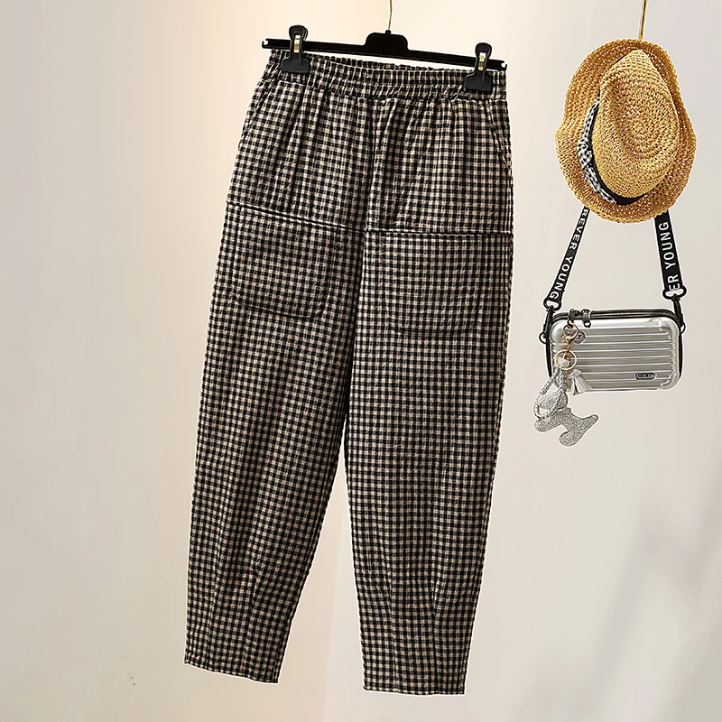 Pantalon à jambes larges en coton et lin, isolation épaisse et grille en coton, pantalon Haren, mode et décontracté, hiver, nouveau pour femmes