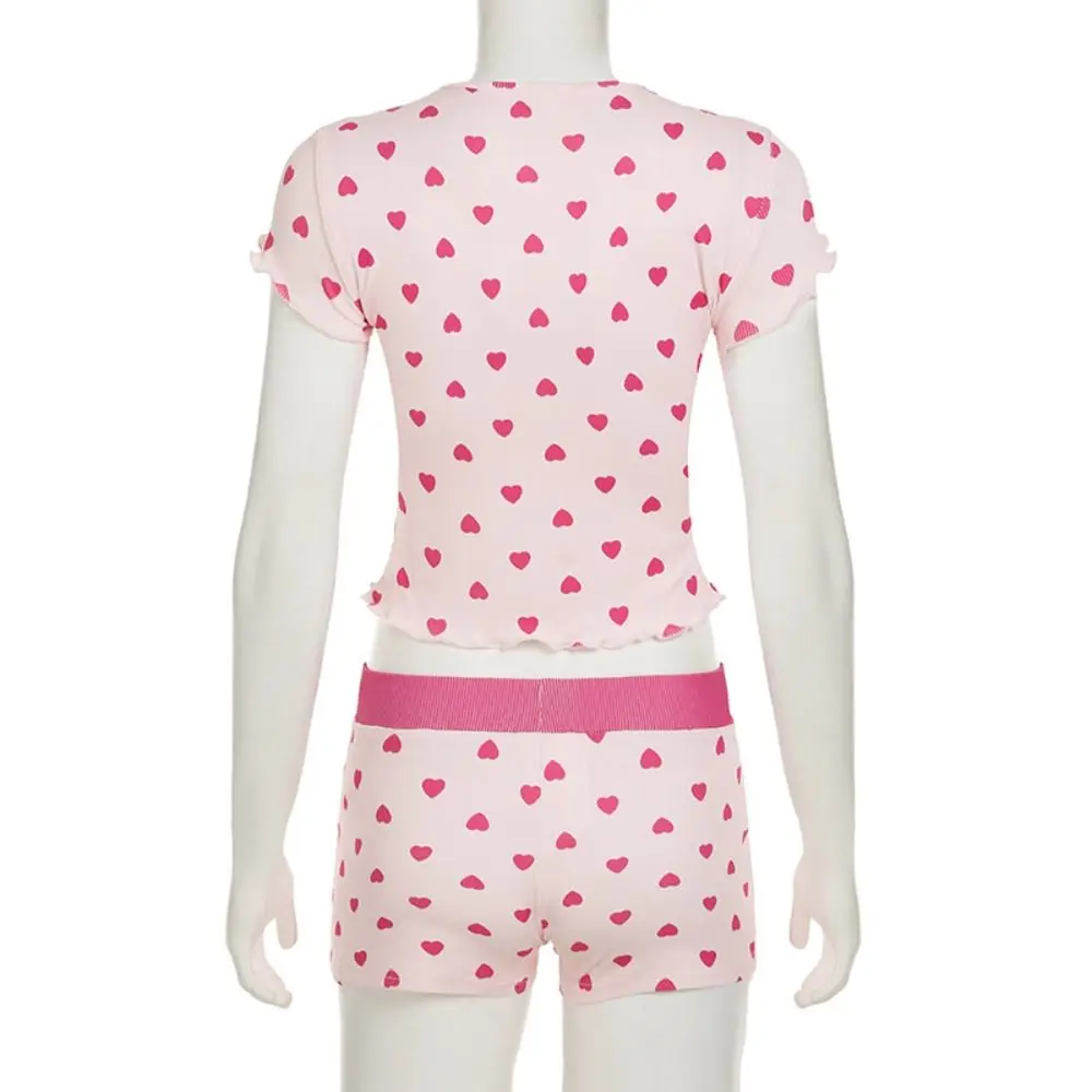 편안한 달콤한 반팔 잠옷 세트 얇은 하트 캐미솔 반바지 Nightdress Euffle Homewear 두 조각 Nightwear 여름