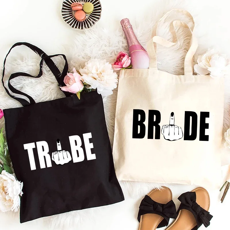 Middle Finger Graphic Team Bride Hand Bag Women Bachelorette Party Tote Canvas Bag Shoulder Harajuku Shopping Bag EVJF Handbag