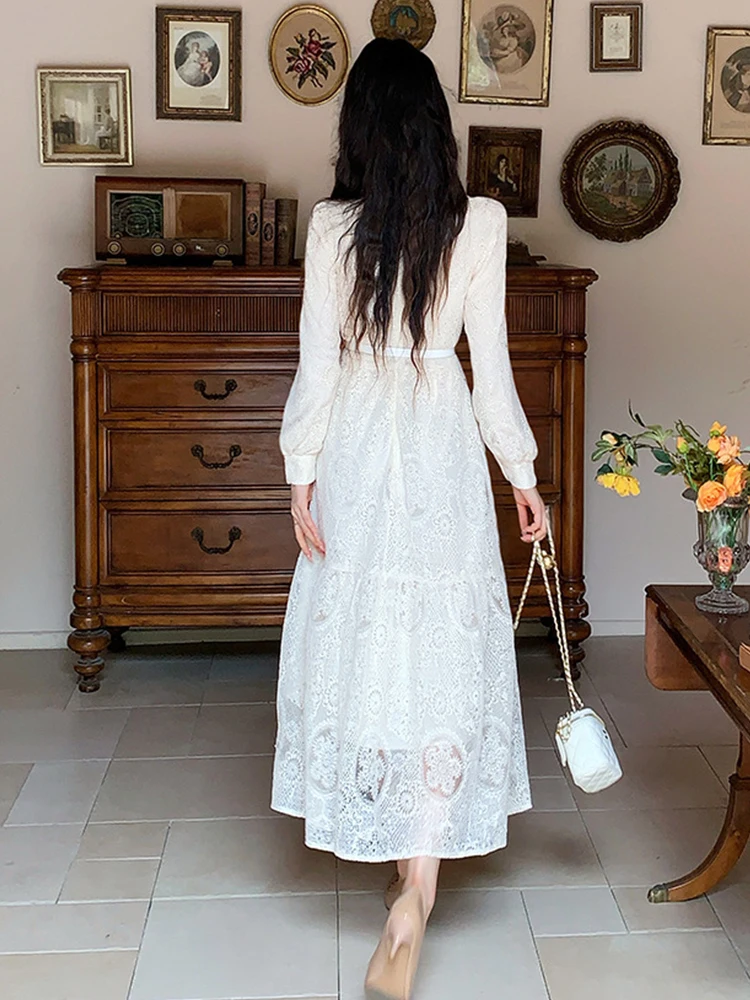 Roupas femininas doce renda flor bordado com decote em v fino a linha vestido longo elegante senhora moda vestidos robe casual outono coreano