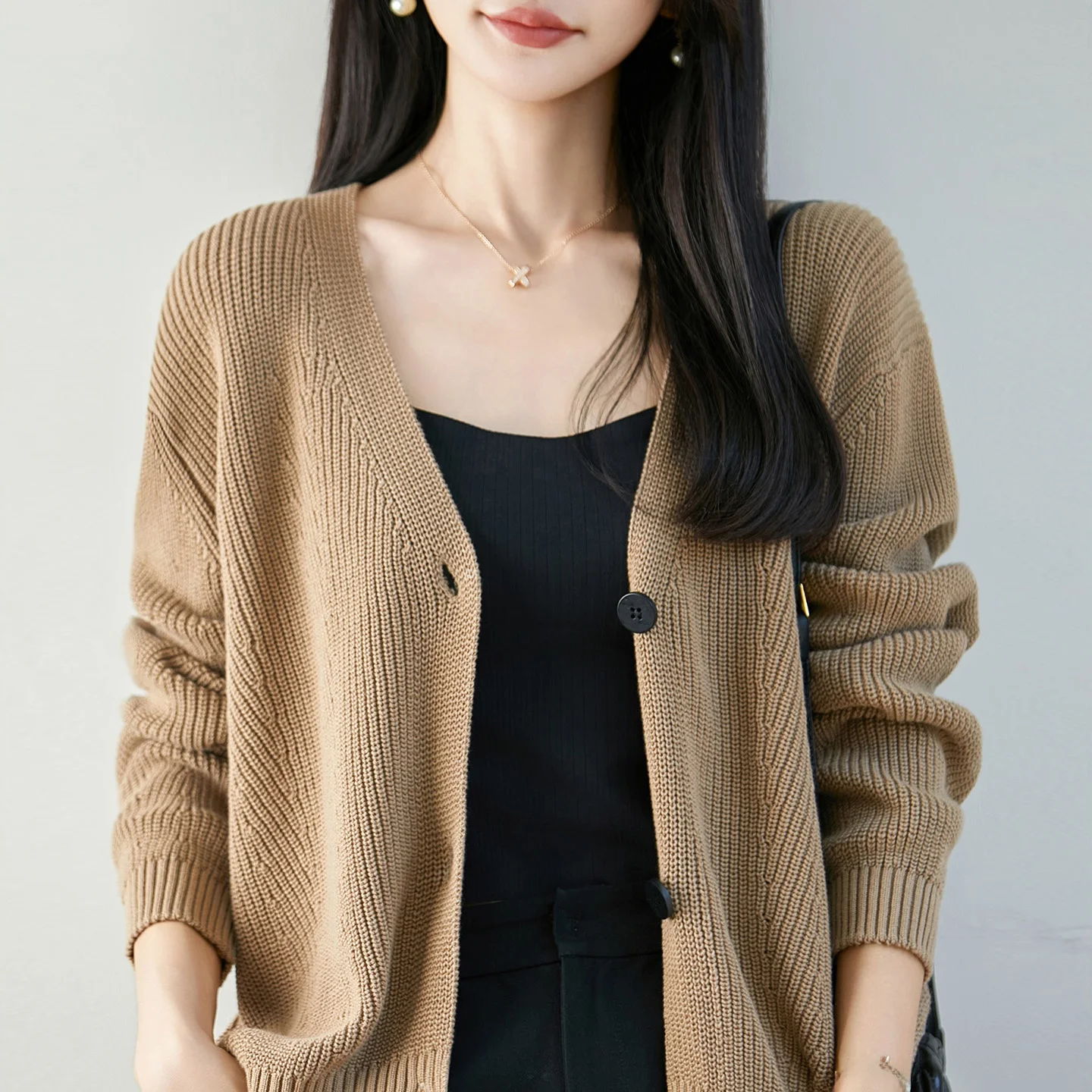 100% Pure Cotton Knitted V-Neck Open Cardigan Women's Loose Korean Style Outerwear Warm Sweater Top Fashionable  Color