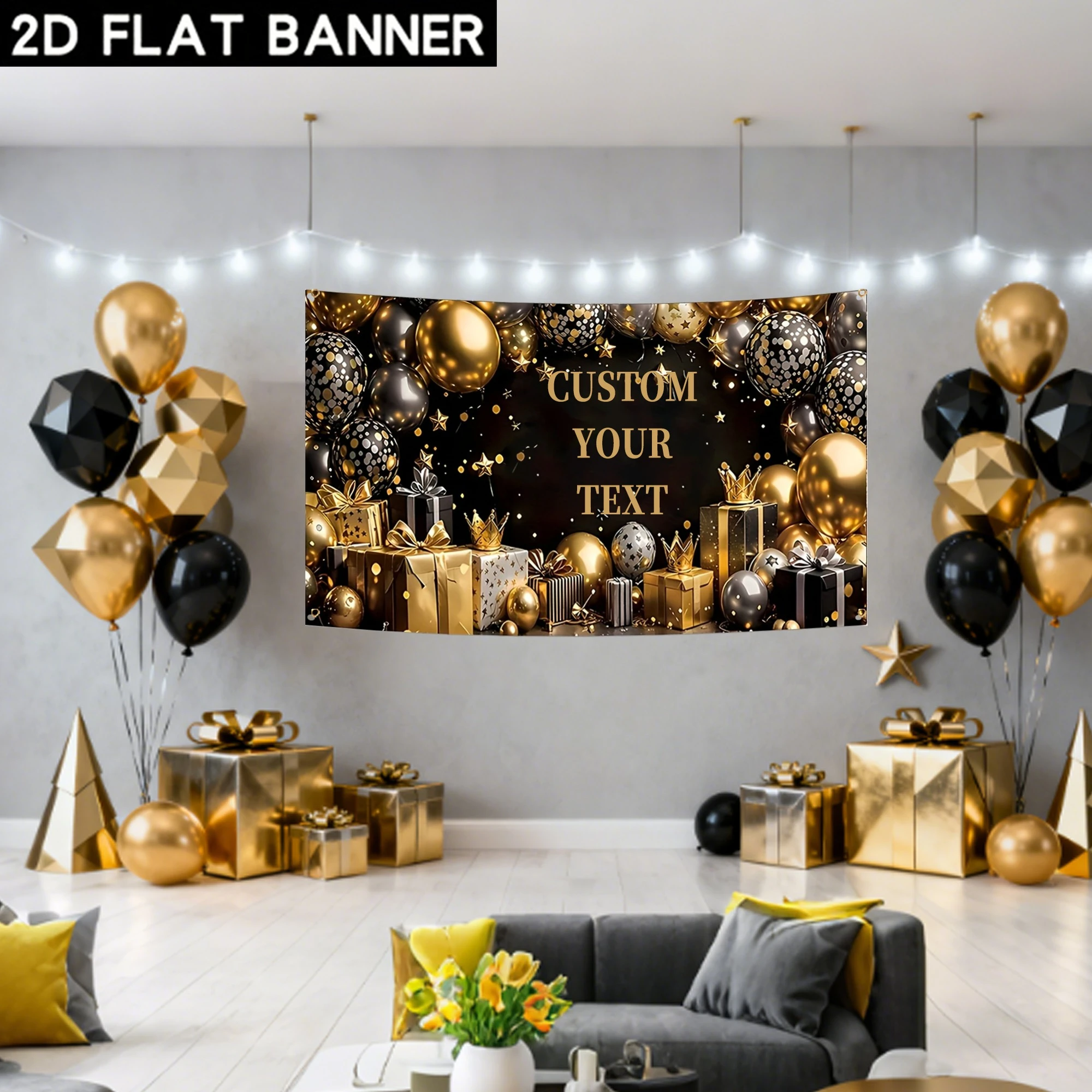 

1pc Custom Gold Black Party Banner with Any Text, Durable Polyester, Ideal for New Year, Birthday, Events Party Hanging Decor