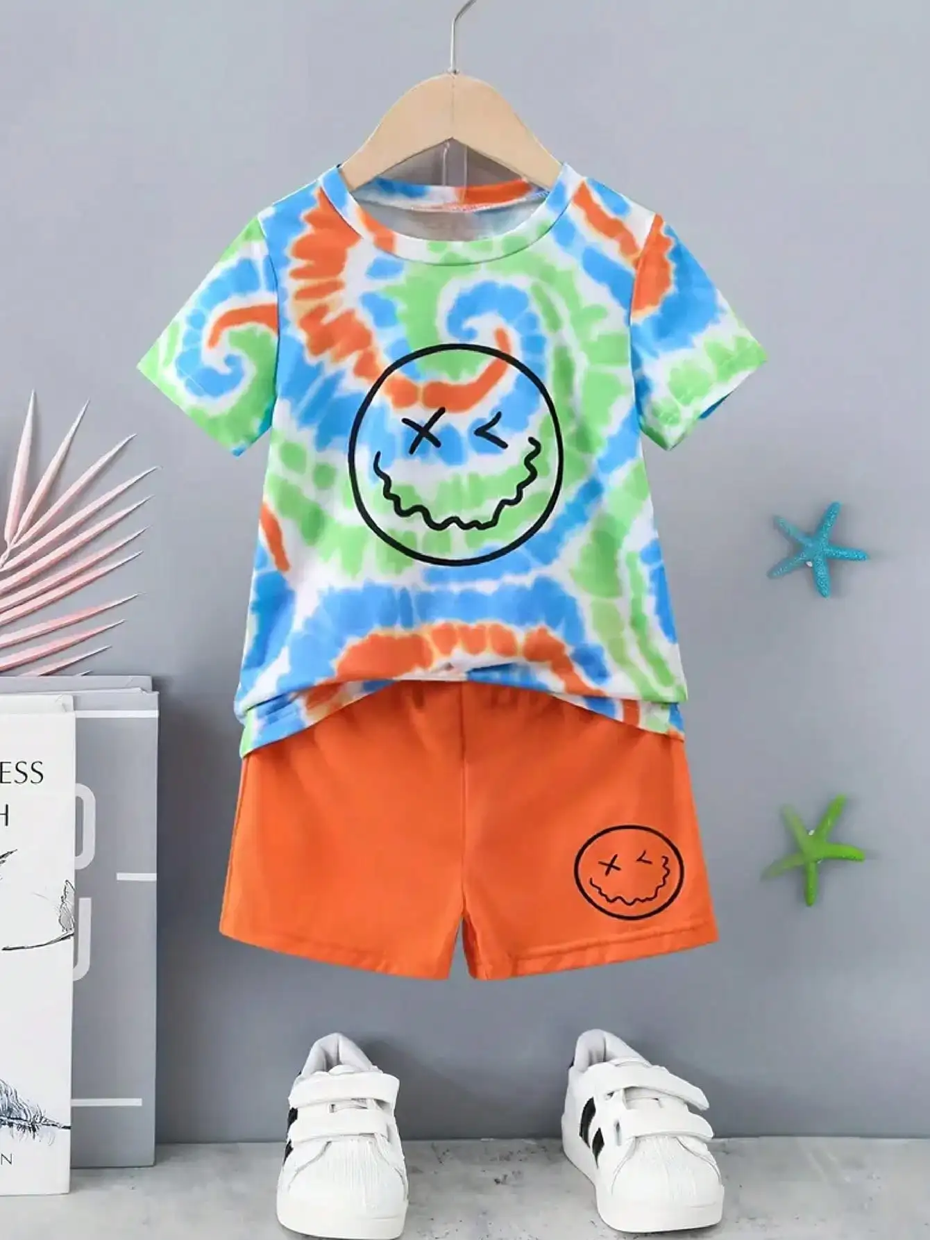 Colorful tie dye pattern print, 2-piece boys' casual short sleeved T-shirt and shorts set, summer boys' clothing
