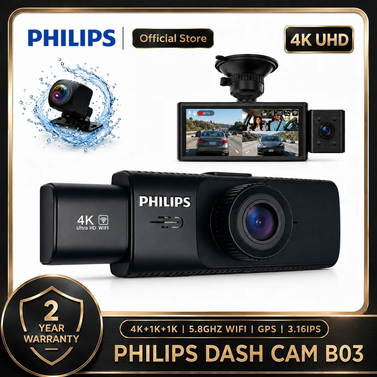 Câmera Veicular PHILIPS B03 4K+1K+1K HDR 3 Canais Frontal, Interna e Traseira, Tela IPS de 3.16 Polegadas, WiFi 2.4G e 5.8G, Suporte a APP e GPS, DVR Automotivo com Monitoramento de Estacionamento 24H