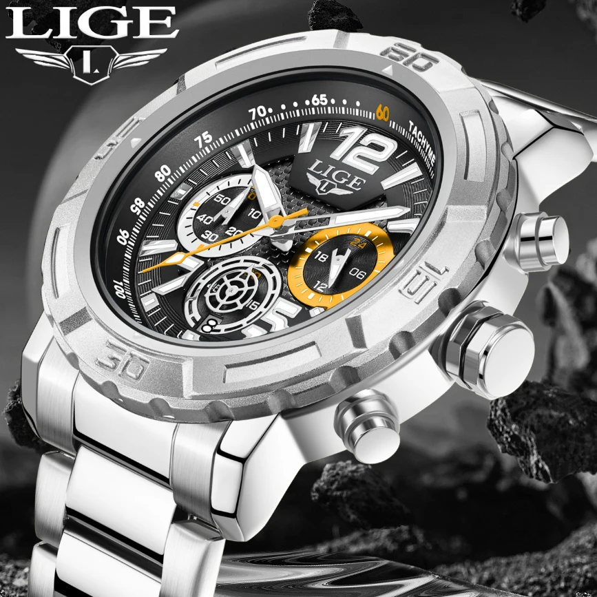 LIGE Design Stainless Band Top Luxury Quartz Men\'s Watches Fashion Business Big Dial Watch for Men Auto Calendar Male Wristwatch