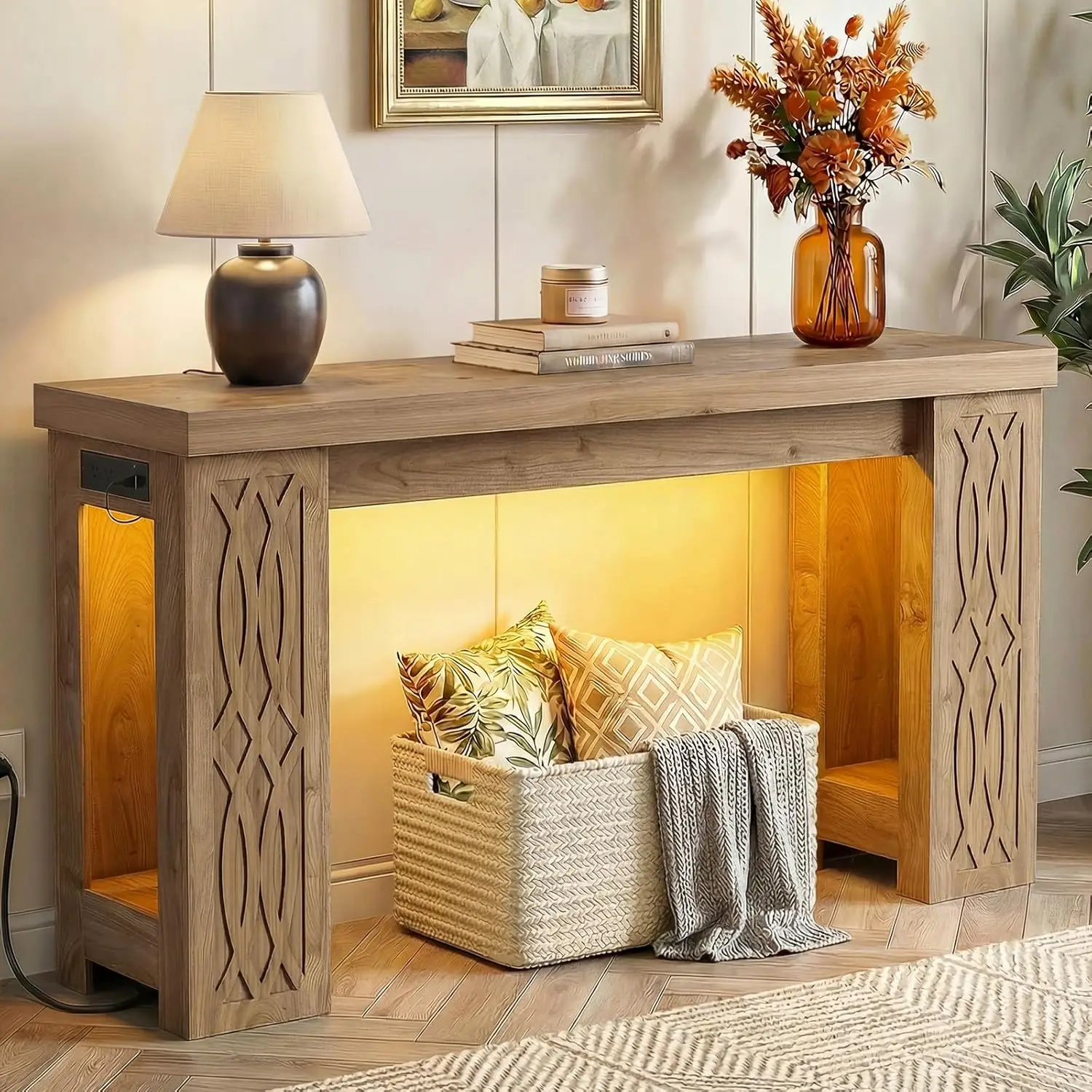 47" Farmhouse Console Table with Outlet & LED Lights