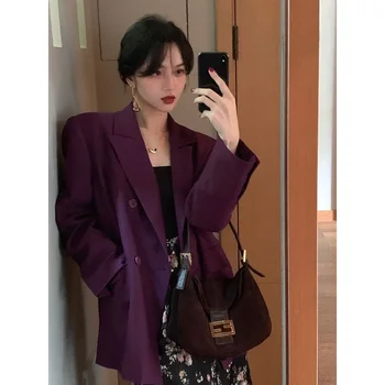 여성용 빈티지 보라색 블레이저, 긴팔 재킷, 오피스 레이디, 한국 패션 코트, 럭셔리 브랜드 정장 코트