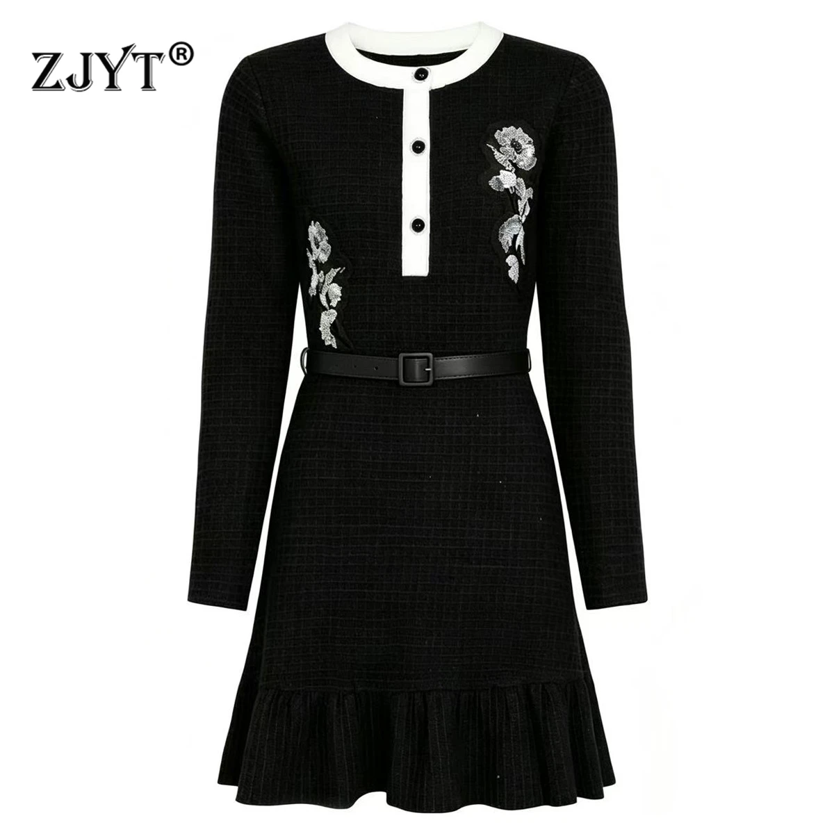 

ZJYT Spring Autumn Knitted Sweater Dresses for Woman 2026 New Designer Long Sleeve Sequined Short Casual Party Dress Vitnage