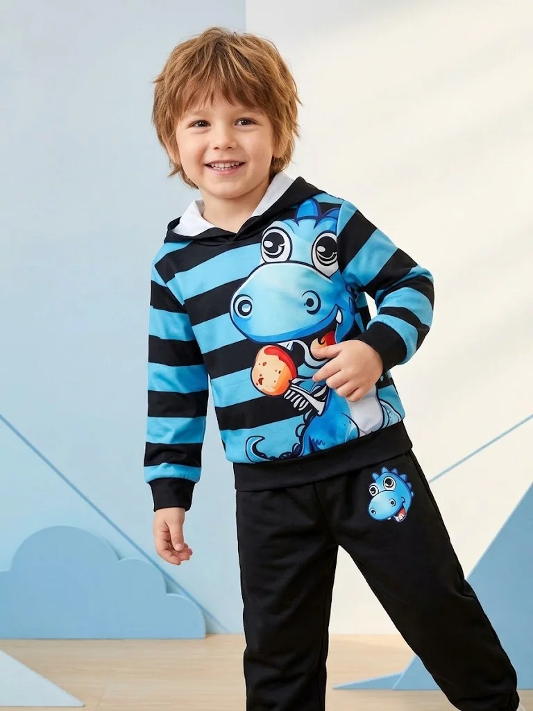 Toddler Boys Dinosaur Clothes Set Cartoon Striped Hoodie and Pants 2Pcs Kids Fashion Tracksuit Autumn Winter Casual Children Out