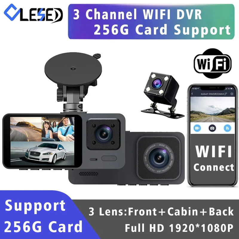 Wifi 3 Channel Camera Mini Car Dvr Dash Cam HD1080P Dash Camera Dual Len Dashcam Video Recorder Black Box 24H Parking Monitoring