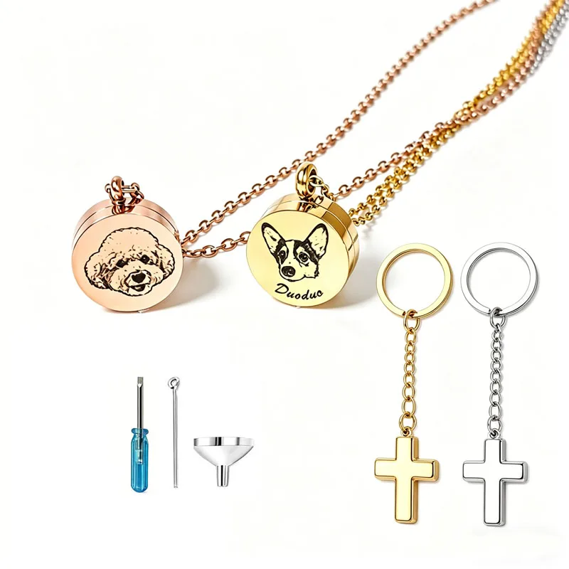 

Personalized Pet Portrait Urn Necklace Custom Dog Cat Photo Engraved Name Stainless Steel Cremation Keepsake Pendant Memorial