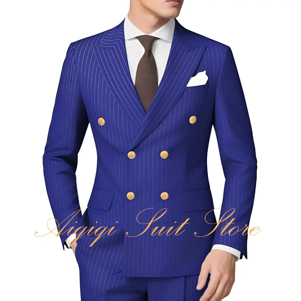 

Men's Pinstripe Suit 2 Pieces Slim Fit Double-Breasted Blazer Pants Set Wedding Groom Prom Tuxedo Men Suits