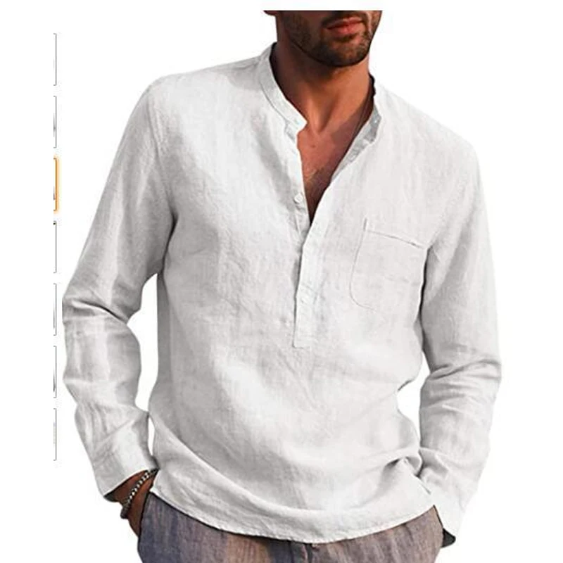 Spring Autumn New Solid Color Round Neck Button Long Sleeve Shirt Man Casual Loose Cotton Hemp All-match Comfortable Pullovers