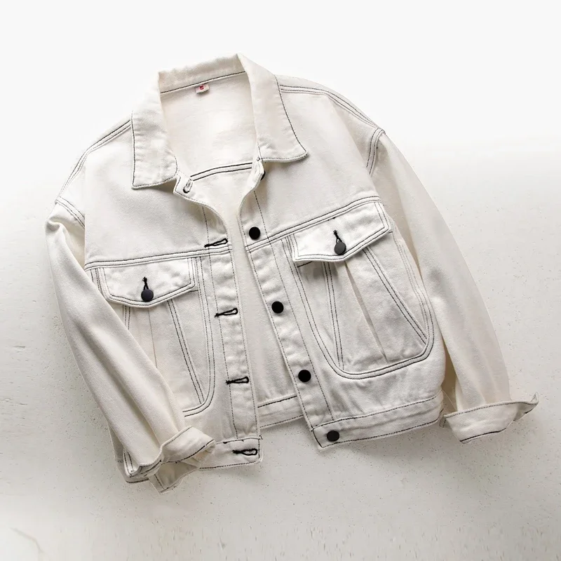 Beige Große Tasche Denim Jacke Mantel Frauen Frühling Herbst Koreanische Lose Kurze Student Cowboy Oberbekleidung Lässige Jeans Jacke Weibliche