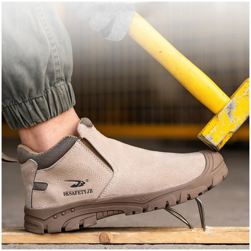 new fashion men safety shoes slip-on steel toe covers work shoe worker cow suede leather security boots ankle chelsea botas mans