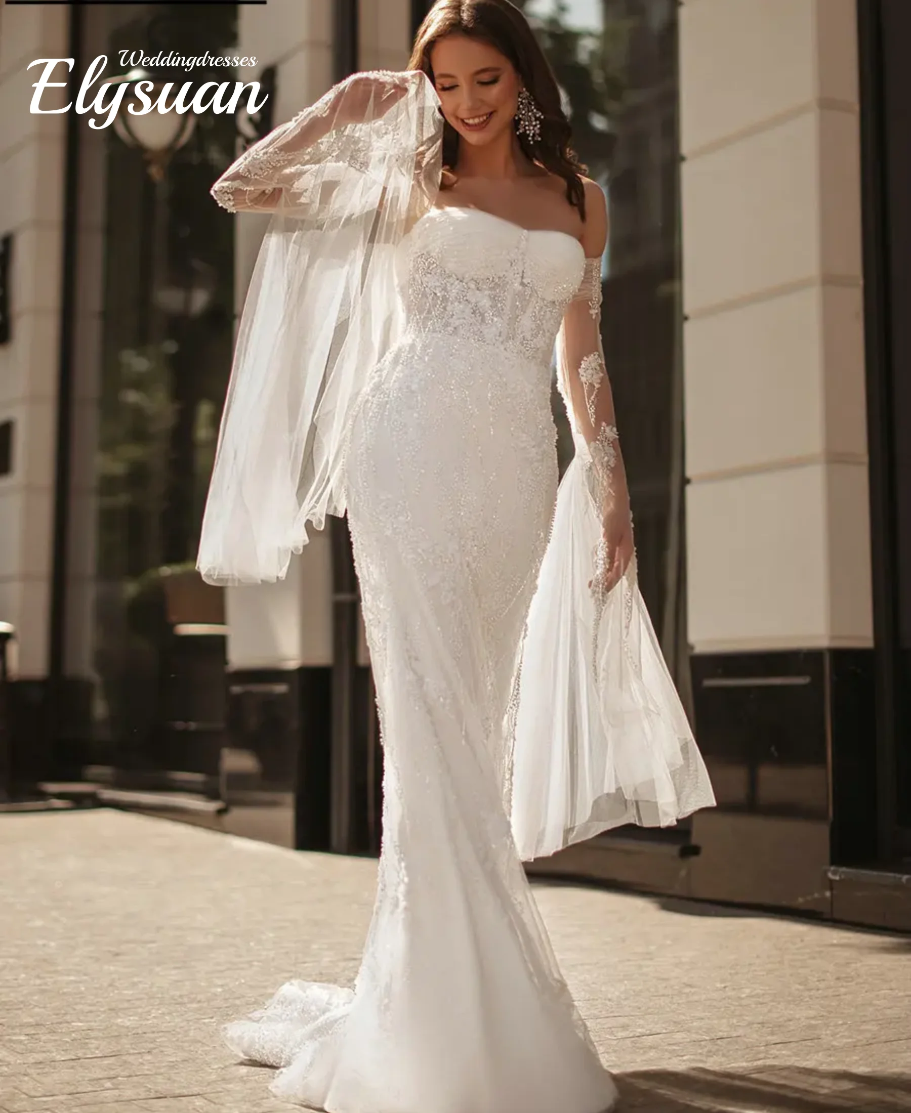 

Customized Luxury Beading Pearls Appliques Lace Mermaid Wedding Dresses Illusion Long Flare Sleeve Boho Country Bridal Gowns Ve