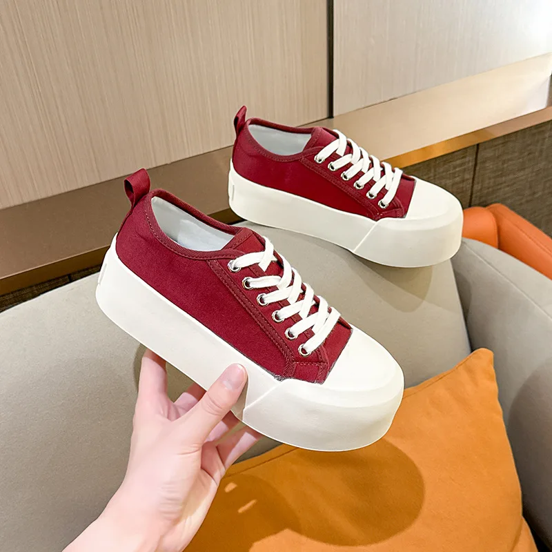 Thick Flat Sole Heighten Canvas Chaussure Femme Low-Top Shallow Zapatos Para Narrow Band Lace-Up Buty Damskie Round Toe Leisure