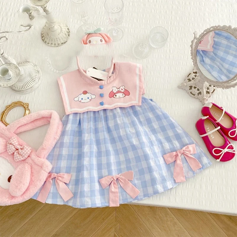 Sanrio Summer New Baby Girl Dress College Style Small Animal Print Blue Plaid Bow Sleeveless Lightweight Princess Dress