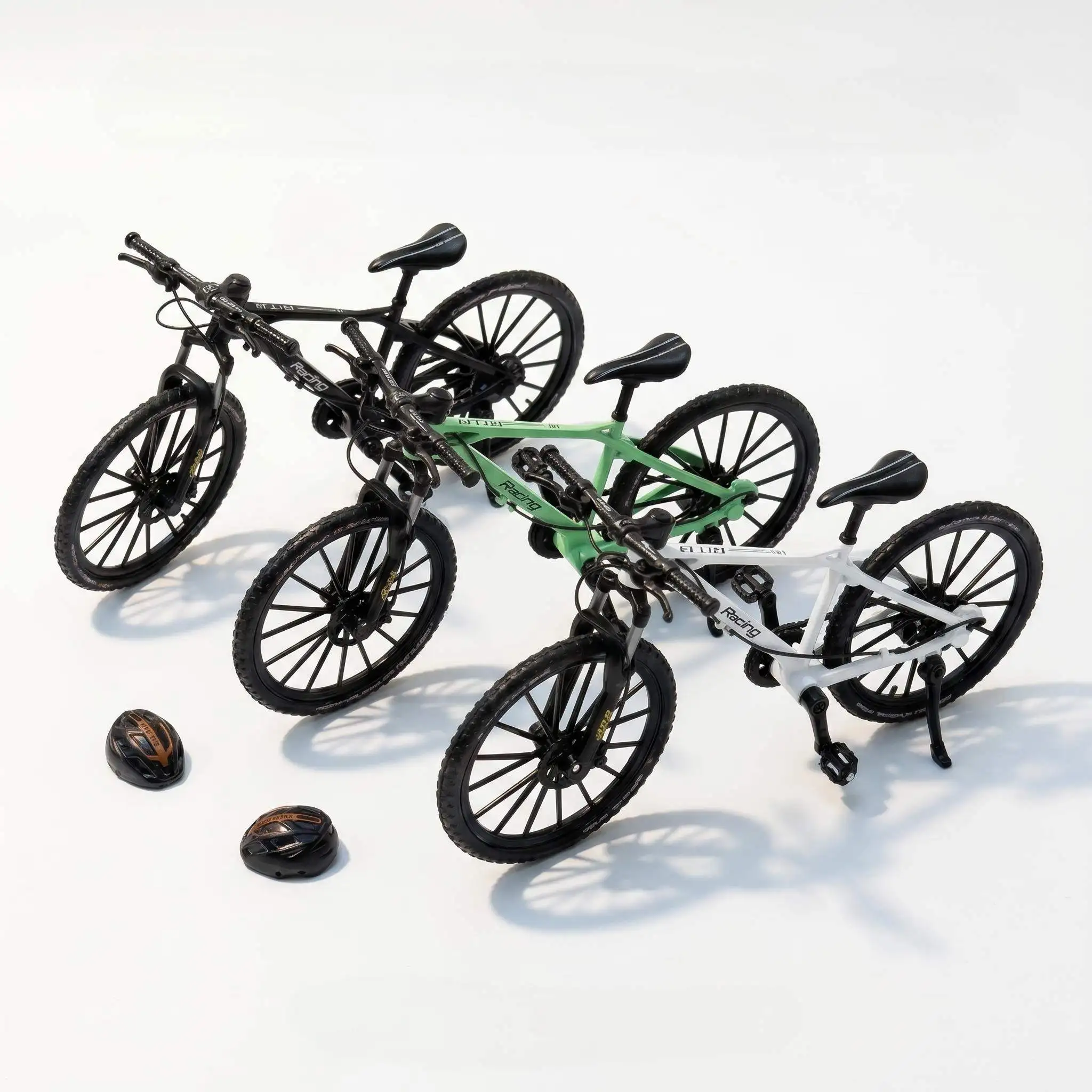 Alloy Mountain Bike Model with 2 Mini Helmets, Realistic Diecast Bicycle Toy, Desktop Display Ornament, Collectible Gift for Boy