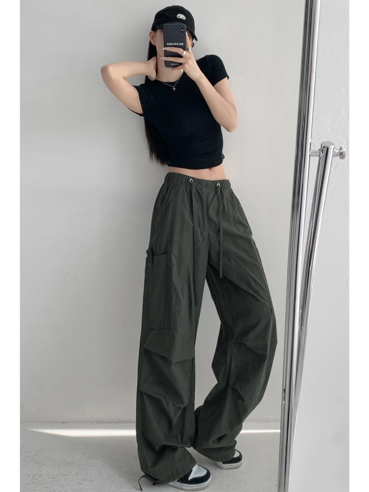 American Street Style Retro Trendy Side Pocket Workwear Long Pants Loose Belted Floor-Length Wide Leg Pants Women