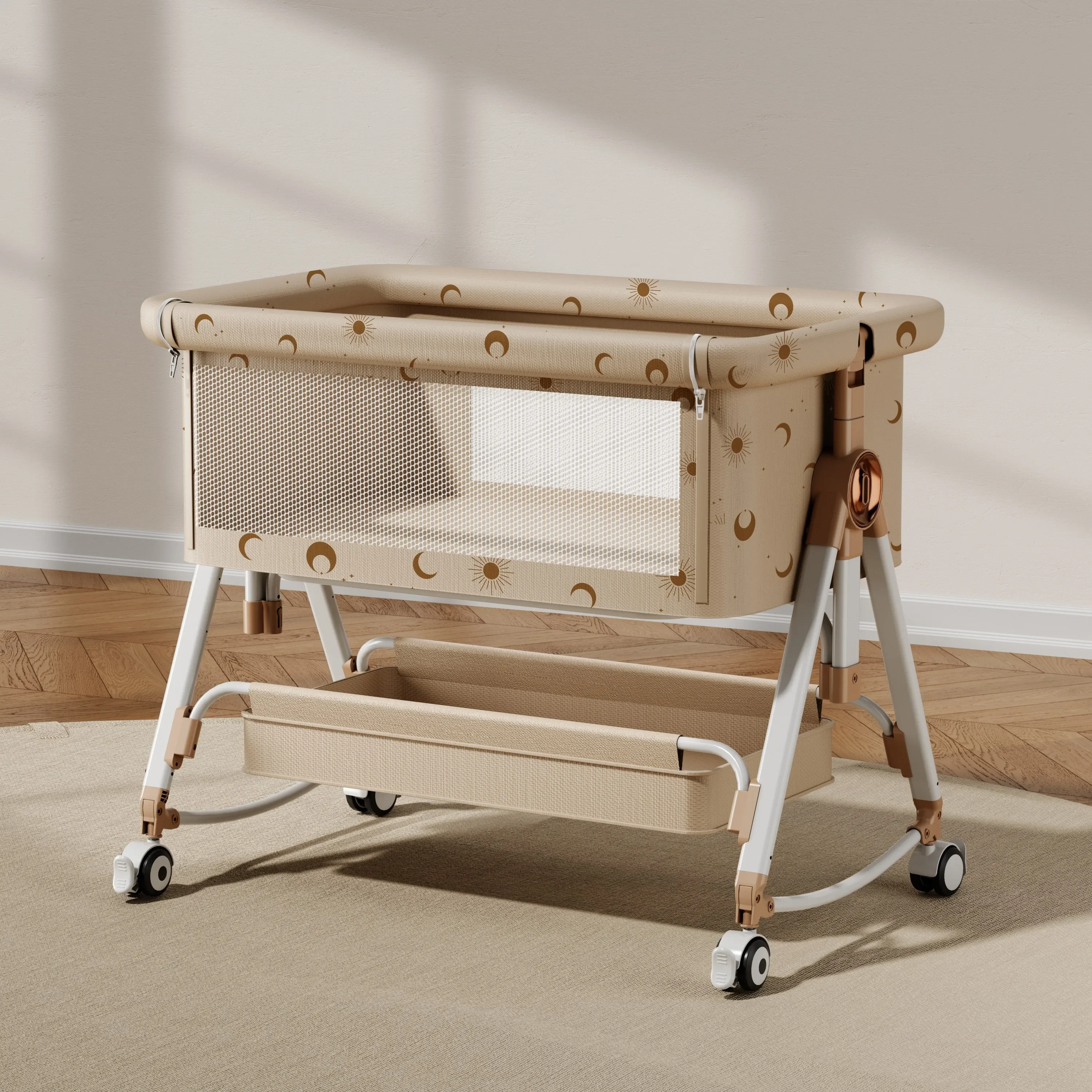 2026 New 3-in-1 crib with mosquito net, storage, breathable mesh and wheels - moon star pattern, convertible cradle