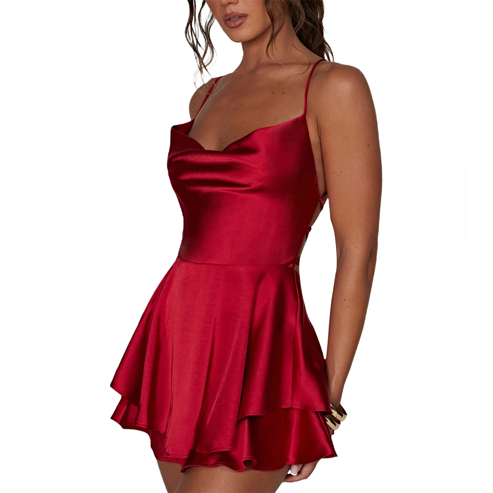 Vrouwen sexy backless korte romper satijnen jurk spaghetti strap backless korte jurk sexy ruche een lijn mini cami-jurk