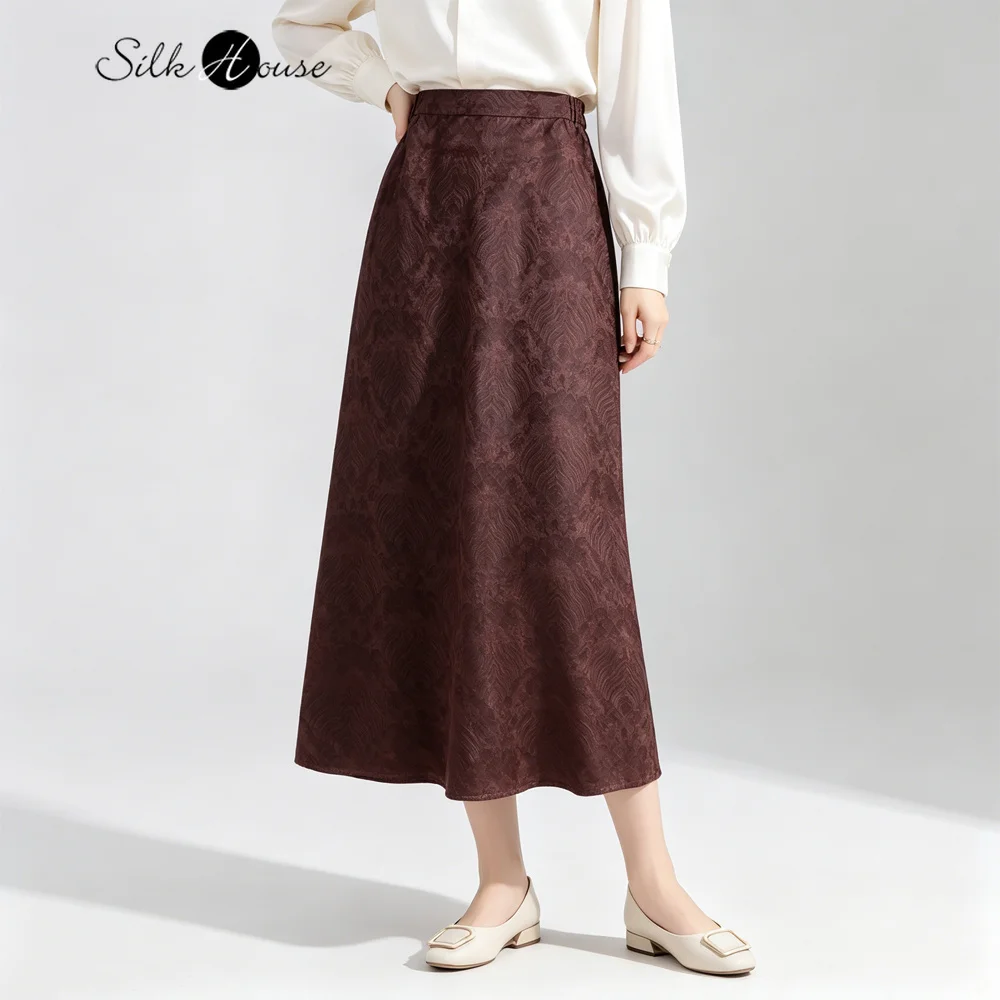 2026 Women's Fashion Clothing Wave Pattern 100% Natural Mulberry Silk Red Cloud Yarn Elastic Waist Slit Straight Tube Skirt