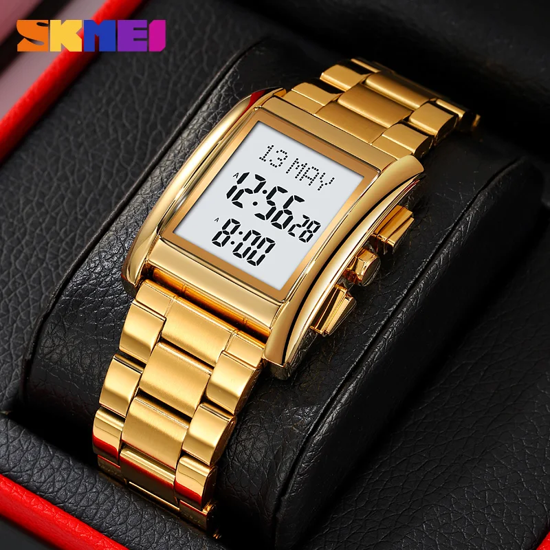 SKMEI Man Wristwatches Luxury Stainless Steel Digital Watches Muslim Philimage Time Remind Qibla Name Display Calendar Clock