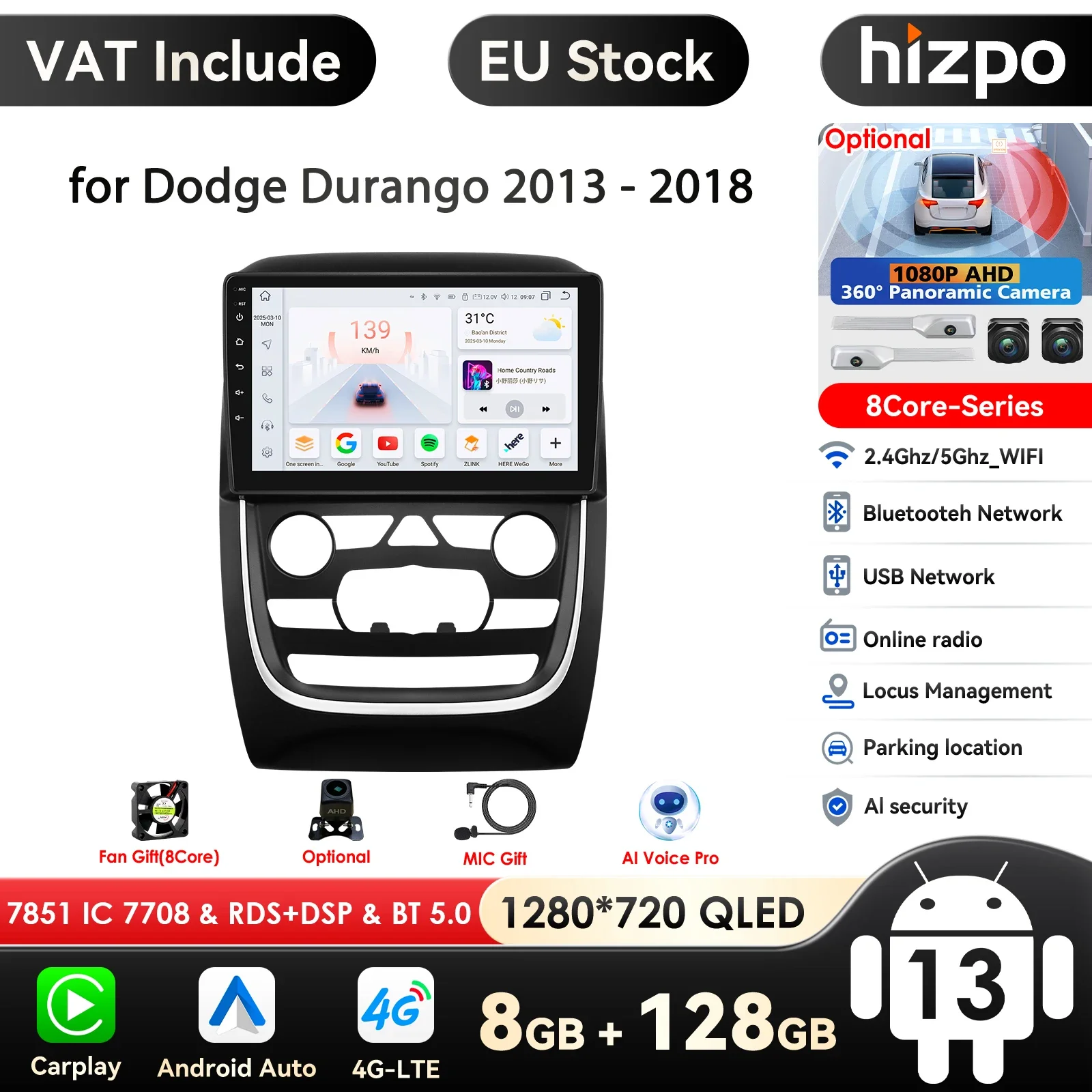 Para Dodge Durango 2013-2018 Carplay Auto 4G + WIFI GPS Radio de coche navegación reproductor de vídeo Multimedia estéreo BT Android Audio 360CAM