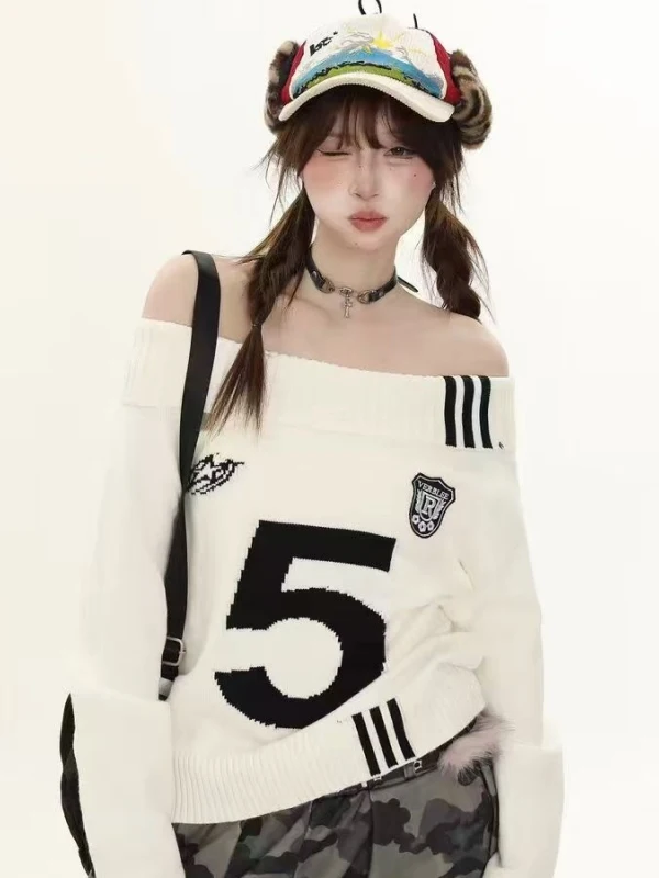 Sweter damski z dzianiny w stylu retro, z amerykańskim napisem, w paski, luźny krój, wyszczuplający, modny na jesień.