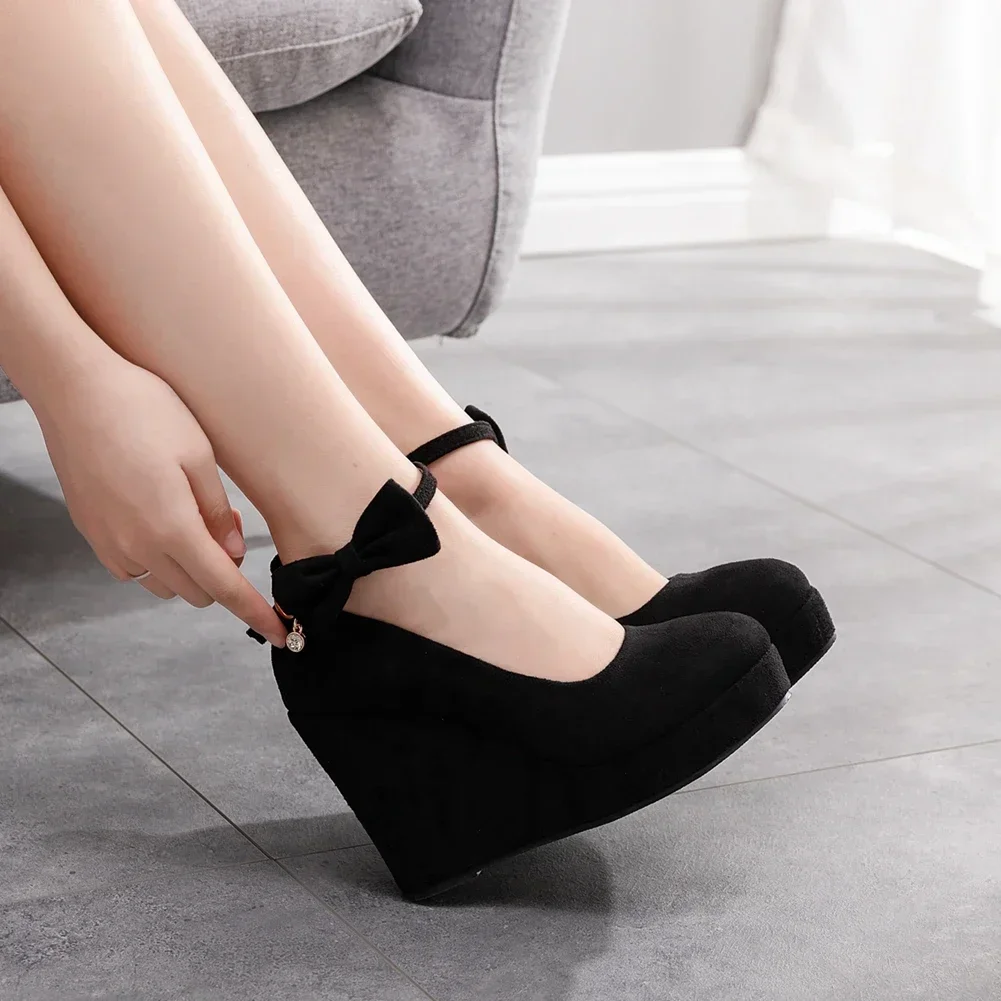 New Arrival Spring Autumn Bow Wedge Women Shoes Large Size Wedding Party Shoes Black/Red Thick Sole Fashion Women\'s High Heels