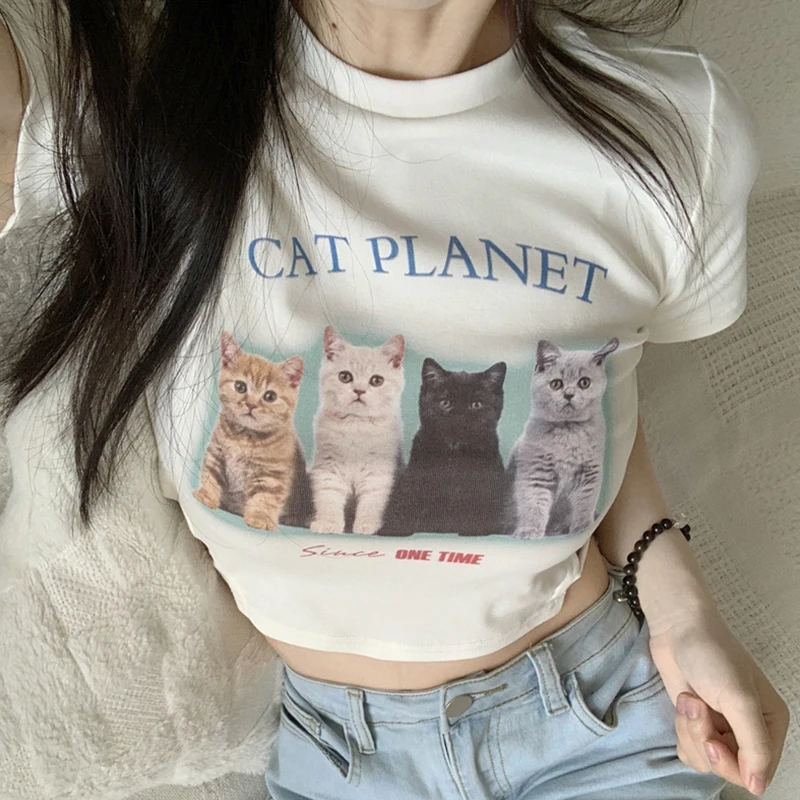 

Women Short Sleeve Crop Tops Cat Print Crew Neck Slim Fit T-Shirts Summer Casual Exposed Navel Shirts Streetwear