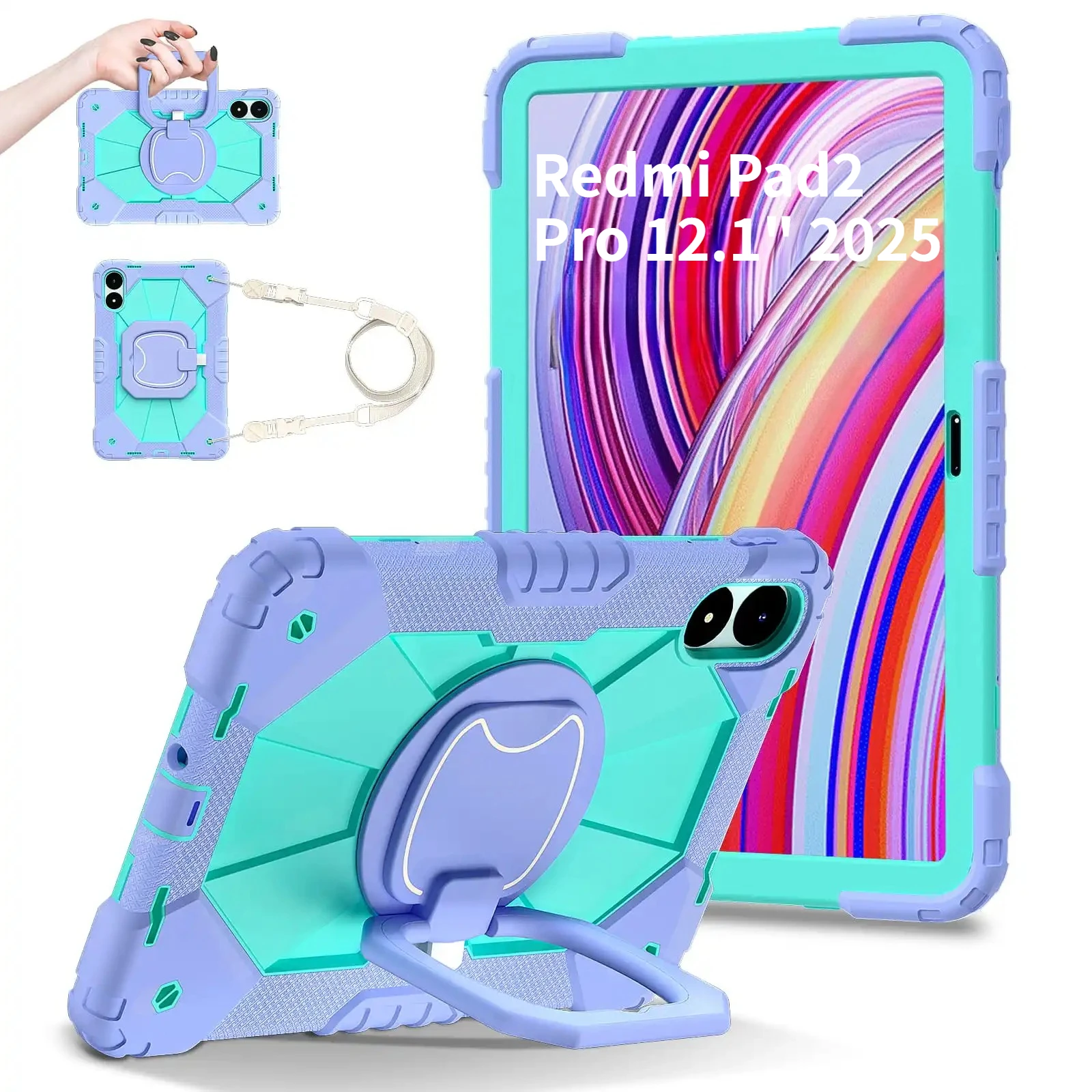 

Чехол для Xiaomi Redmi Pad2 Pro 12.1 дюймов 2025, 5G, детский, силиконовый + поликарбонатный, для Xiaomi Poco Pad 12.1 дюймов 2024 + ремешок