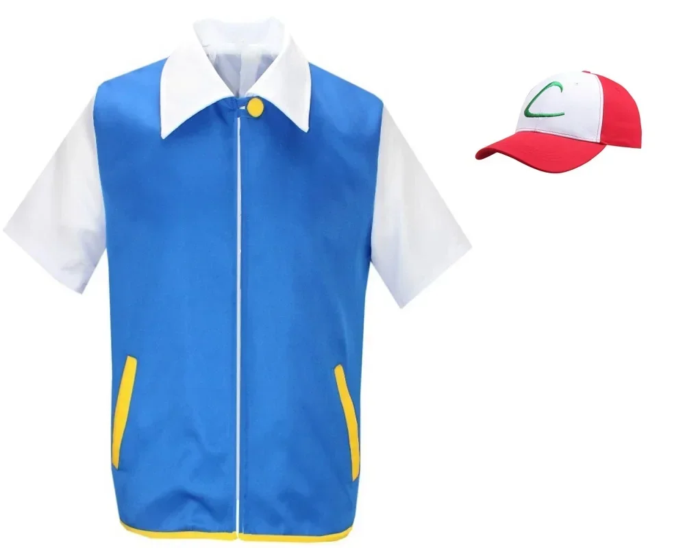 Volwassen Ash Ketchum Kostuum voor Halloween Mannen Anime Trainer Cosplay Vrouwen Disfraz Party Blauwe Jas Cap en Handschoenen Volledige Sets
