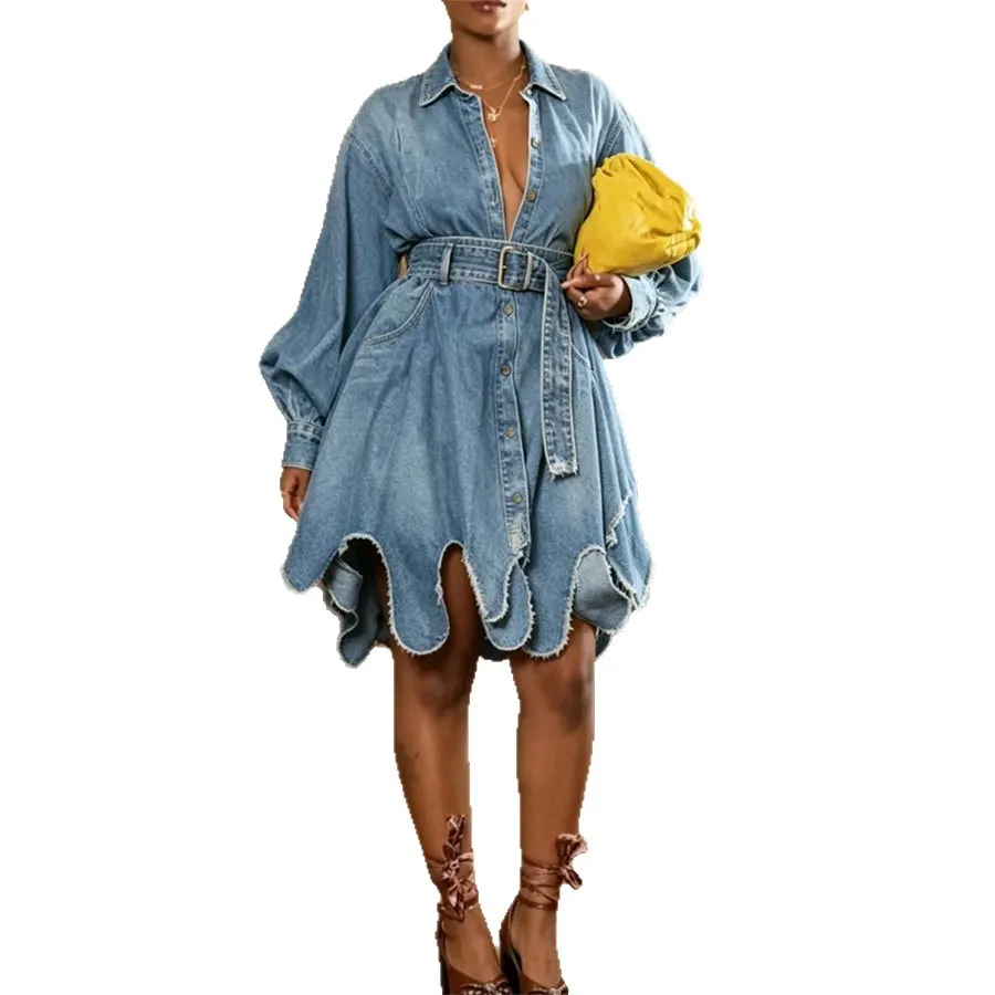 Women Lantern Sleeve Denim Shirt Dress Collared Button Front Frayed Scalloped Hem Mini Dress with Belt Casual Vintage Dress - view 5