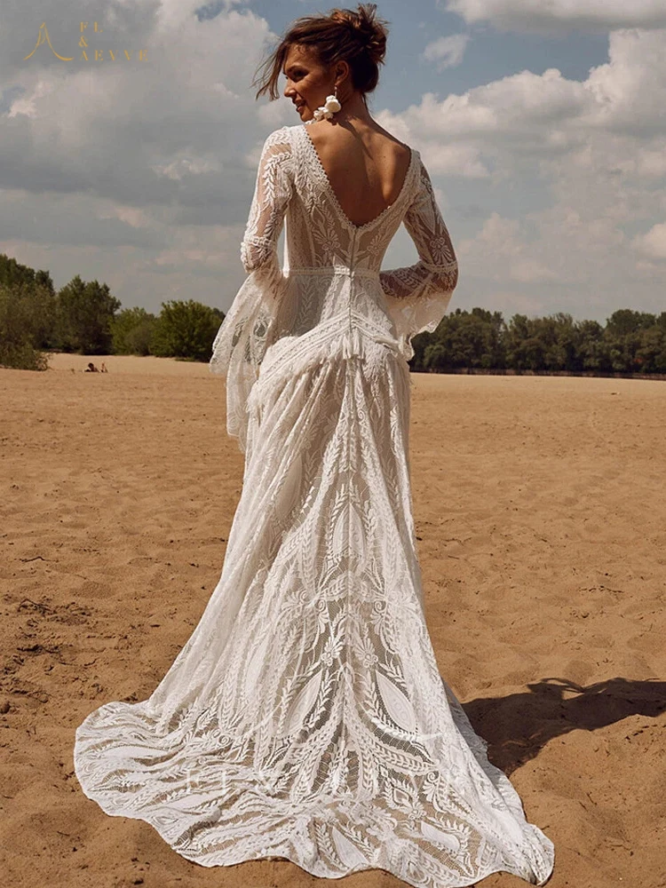 FL & AEVVE فستان زفاف أنيق من الدانتيل البوهيمي المدنية بأكمام طويلة مخصصة فستان زفاف هيبي كروشيه فستان غاتسبي Elvish رداء #2