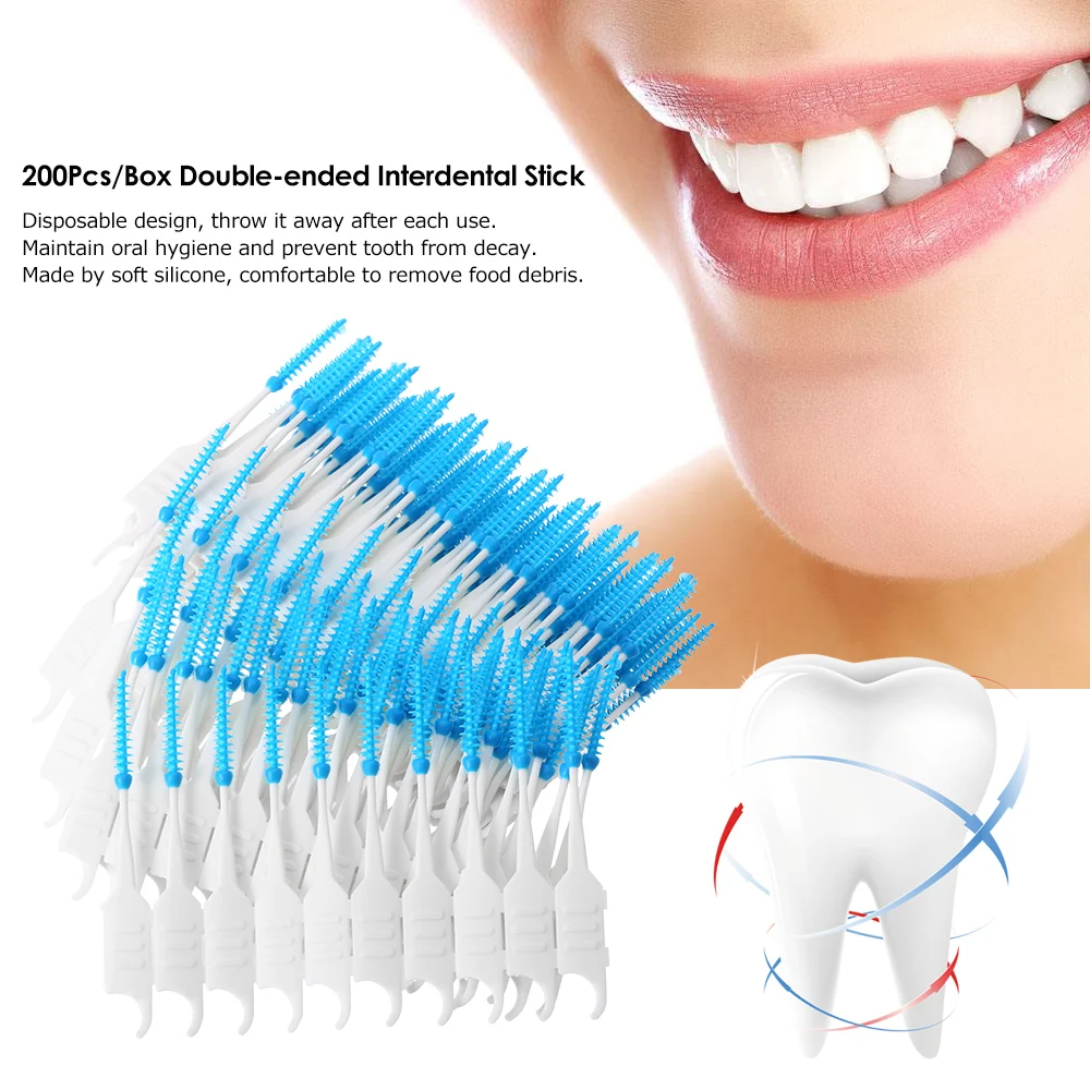 200Pcs/Box Dental Floss Interdental Brush Teeth Stick Toothpick Soft Silicone Double-ended Tooth Picks Oral Cleaning Tools