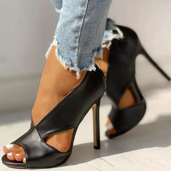 

Summer Black Brown Solid Leather Peep Toe Hollow Shallow Slip On Pumps Women Fashion Cover Heel Thin Heels Banquet Evening Shoes