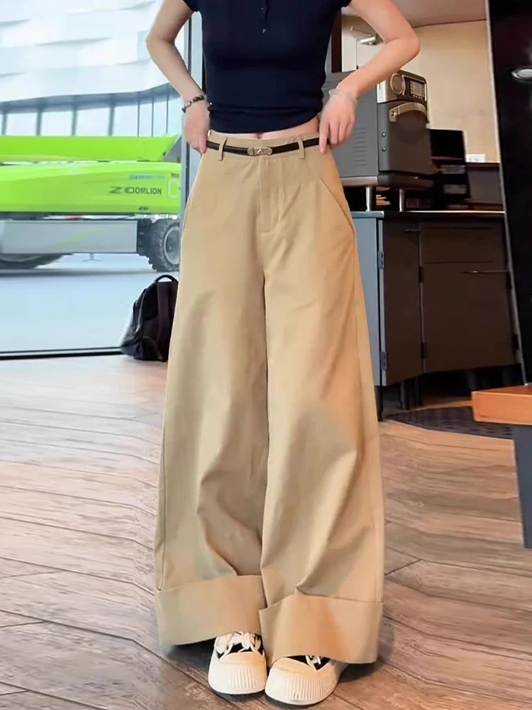 خمر بنطال ذو قصة أرجل واسعة النساء التلبيب حافة الصلبة فضفاض حزام غير رسمي عالية الخصر بنطلون Y2K الشارع الشهير Harajuku مكتب سيدة السراويل جديد