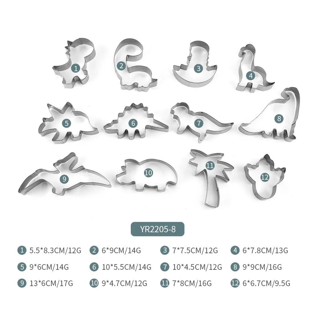 12 sztuk/zestaw, forma do ciastek ze stali nierdzewnej, seria dinozaurów z kreskówek, Tyrannosaurus, Rex, pterozaur, forma do ciasta zwierzęcego,