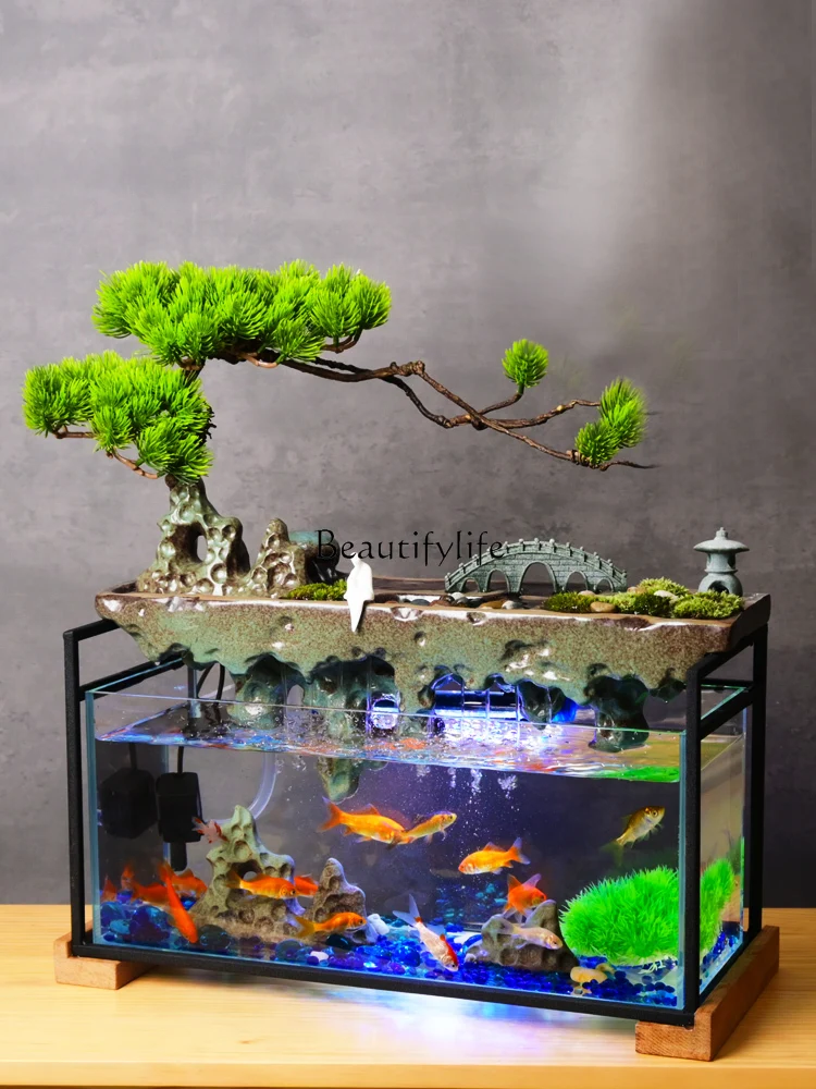 Lucky Glass Fish Globe New Chinese Desktop Rockery Loop Make a Fortune as Endless as Flowing Water Ornaments