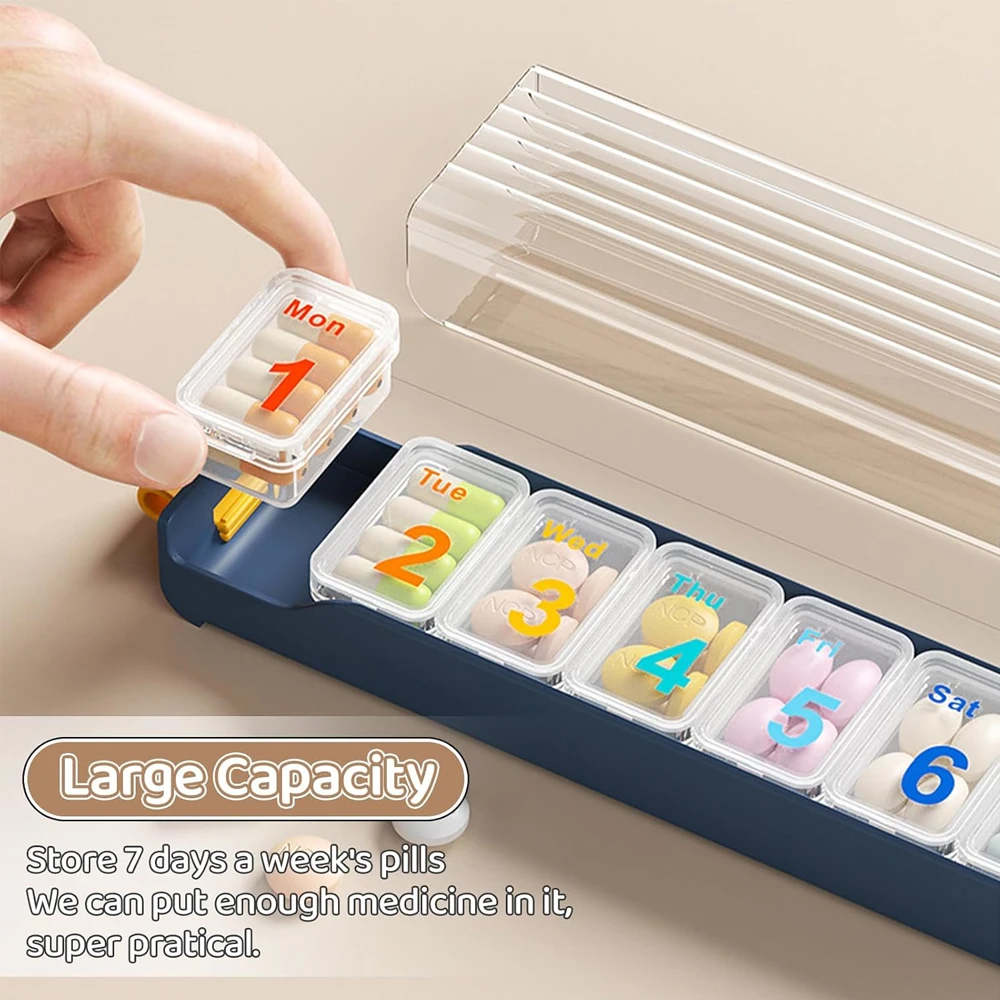 Large 7 Grid Weekly Pill Organizer, Independent Flip Lids, Portable Travel Tablet Storage Box For Vitamins & Supplements