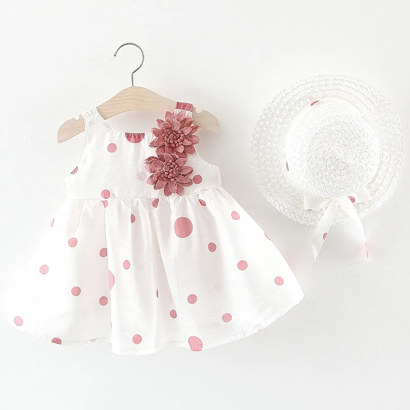 Vêtements d'été pour nouveau-nés filles, 2 pièces, mode coréenne, robes de bébé en coton sans manches à pois + chapeau de soleil, robe de princesse pour tout-petits B204