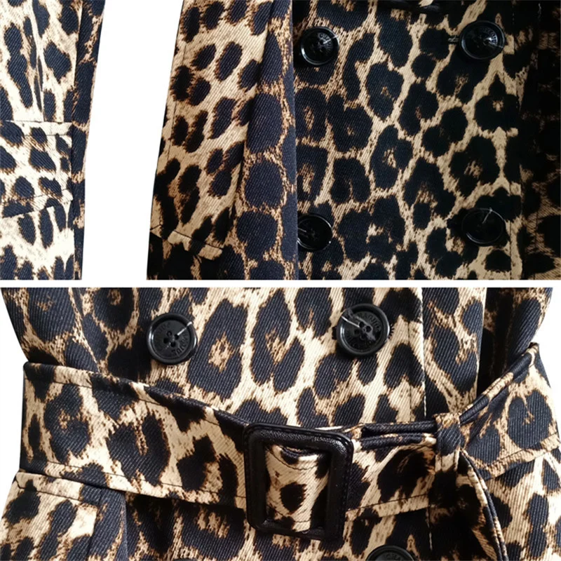 Spring Autumn Long Leopard Trench Coat Women Long Sleeve Double Breasted Windbreaker Korean Fashion Slim Belt Overcoat Female