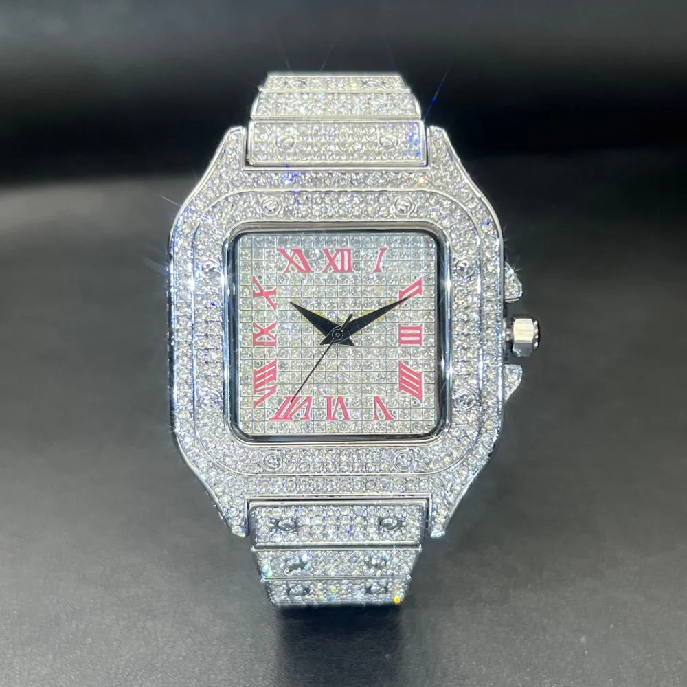 MISSFOX Iced Out Men Watch Square Face Diamond Pink Blue Number Quartz Luxury WristWatch Roman Clock Relogio Masculino Hot Sale