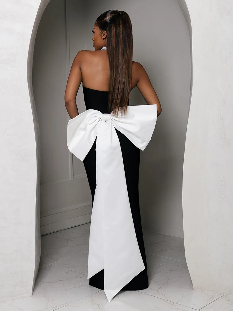 

Black Strapless V Neck Long Dress with Large White Bow Sexy Backless Sleeveless Prom High - End Evening Gown Vestido
